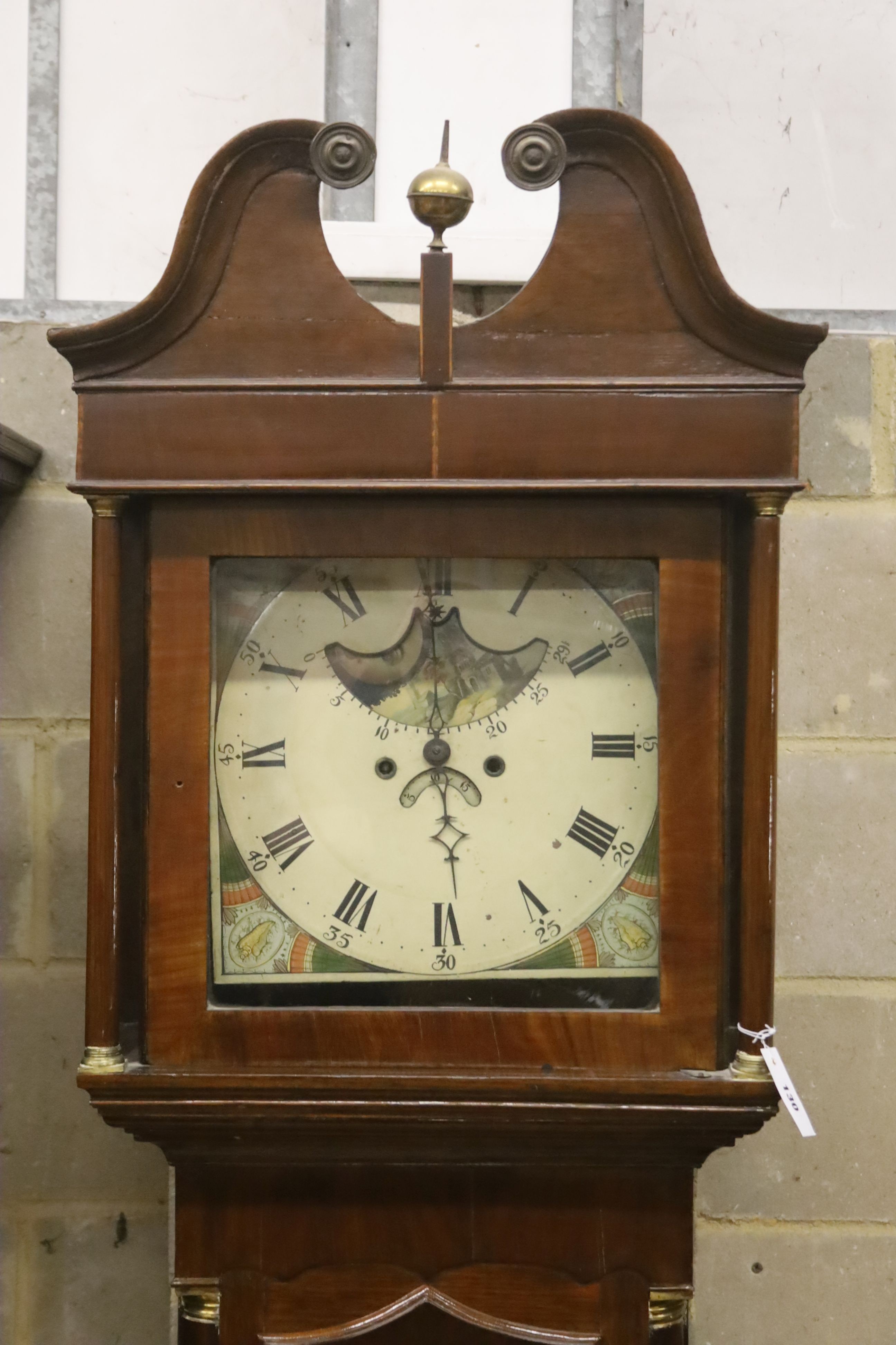 An early 19th century mahogany banded oak cased eight day longcase clock, height 227cm